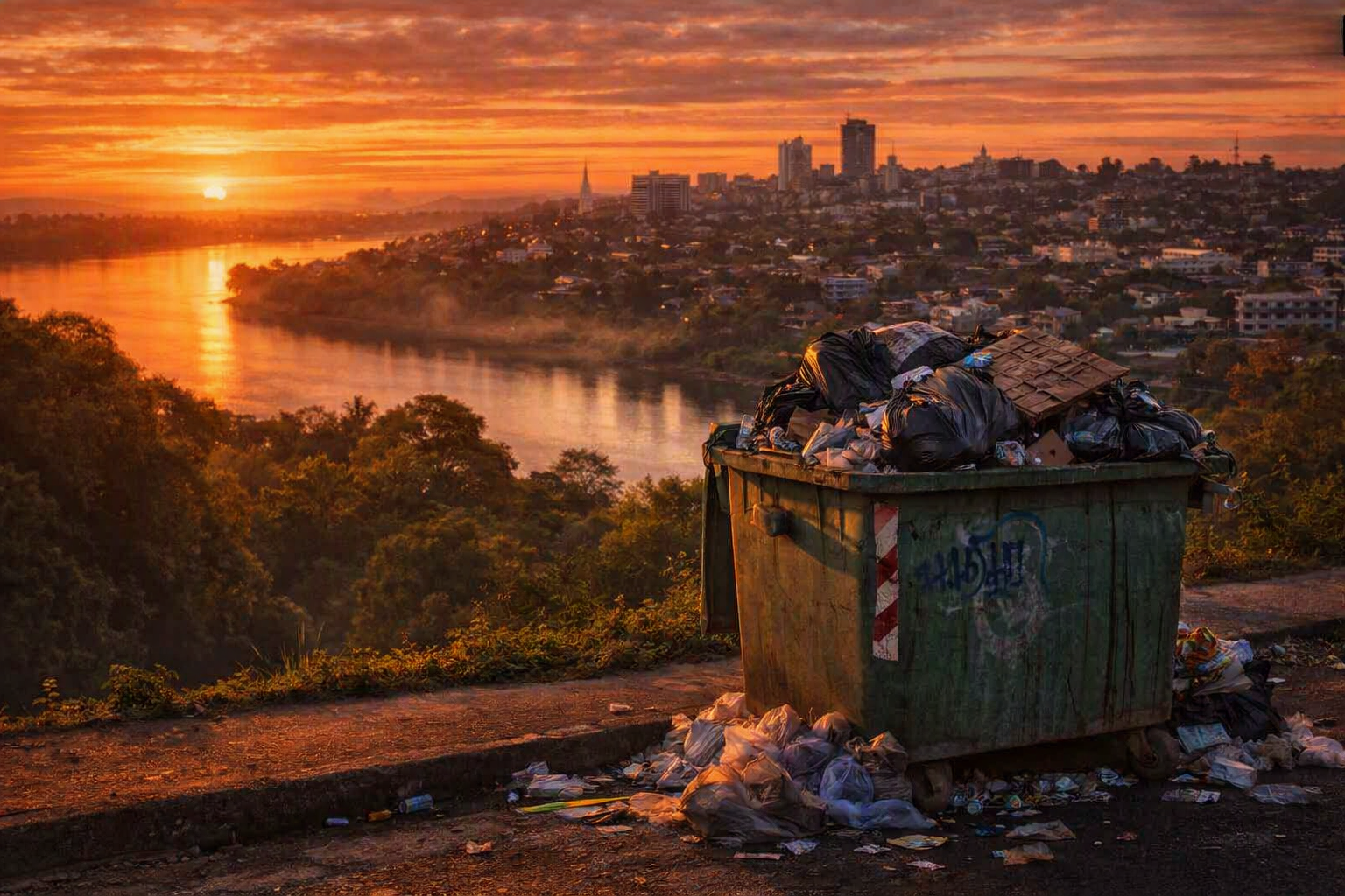 alt="Vista de Concordia y un contenedor urbano saturado ilustrando la Licitación de recolección de residuos Concordia. Imagen conceptual"
