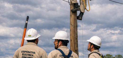 alt="Cuadrilla de la Cooperativa Eléctrica en plena tarea en las inmediaciones de Colonia Ayuí"