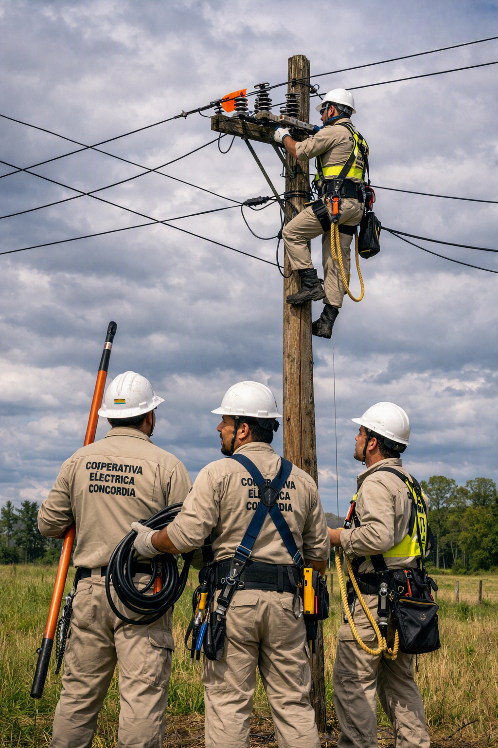 alt="Cuadrilla de la Cooperativa Eléctrica en plena tarea en las inmediaciones de Colonia Ayuí"