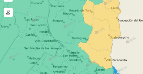 alt="Mapa de Entre Ríos con los departamentos afectados por la alerta amarilla este domingo"
