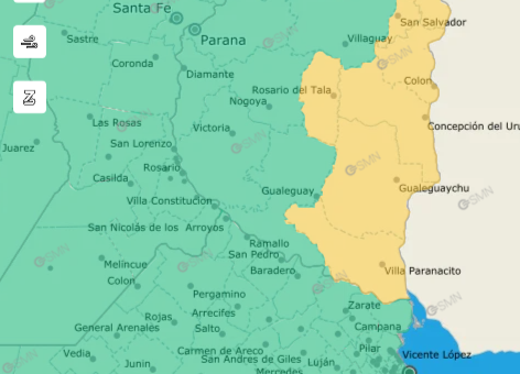 alt="Mapa de Entre Ríos con los departamentos afectados por la alerta amarilla este domingo"