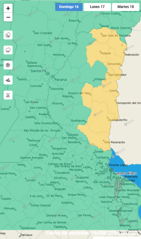 alt="Mapa de Entre Ríos con los departamentos afectados por la alerta amarilla este domingo"