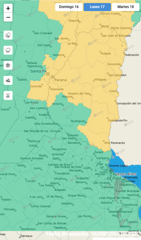alt="Mapa de Entre Ríos con los departamentos afectados por la alerta amarilla este lunes"