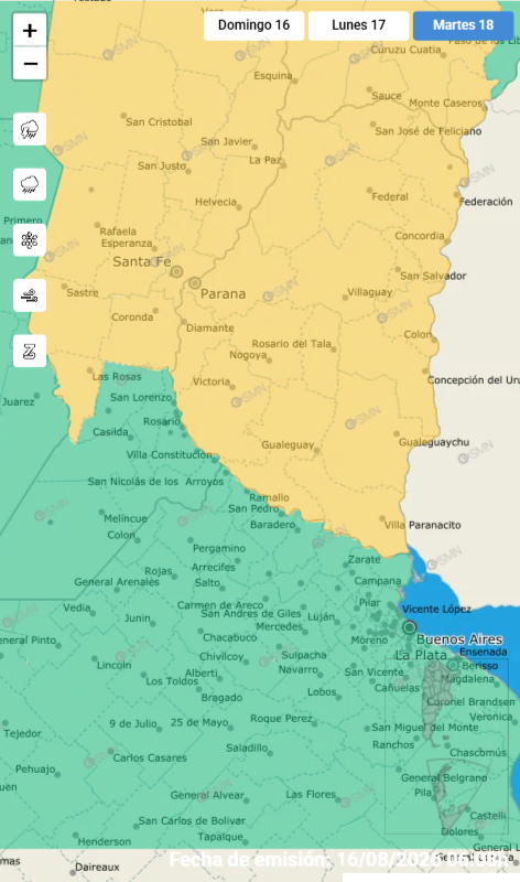 alt="Mapa de Entre Ríos con los departamentos afectados por la alerta amarilla este martes"