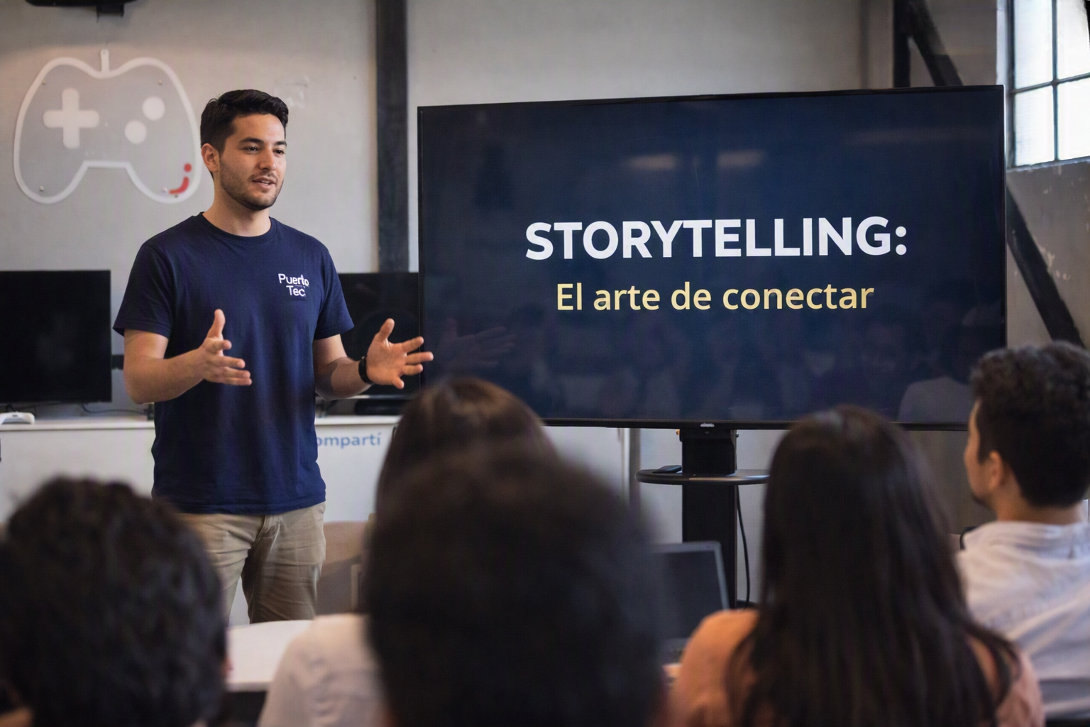 alt="Disertante en Puerto Tec explicando técnicas para un taller gratuito de storytelling en Concordia"