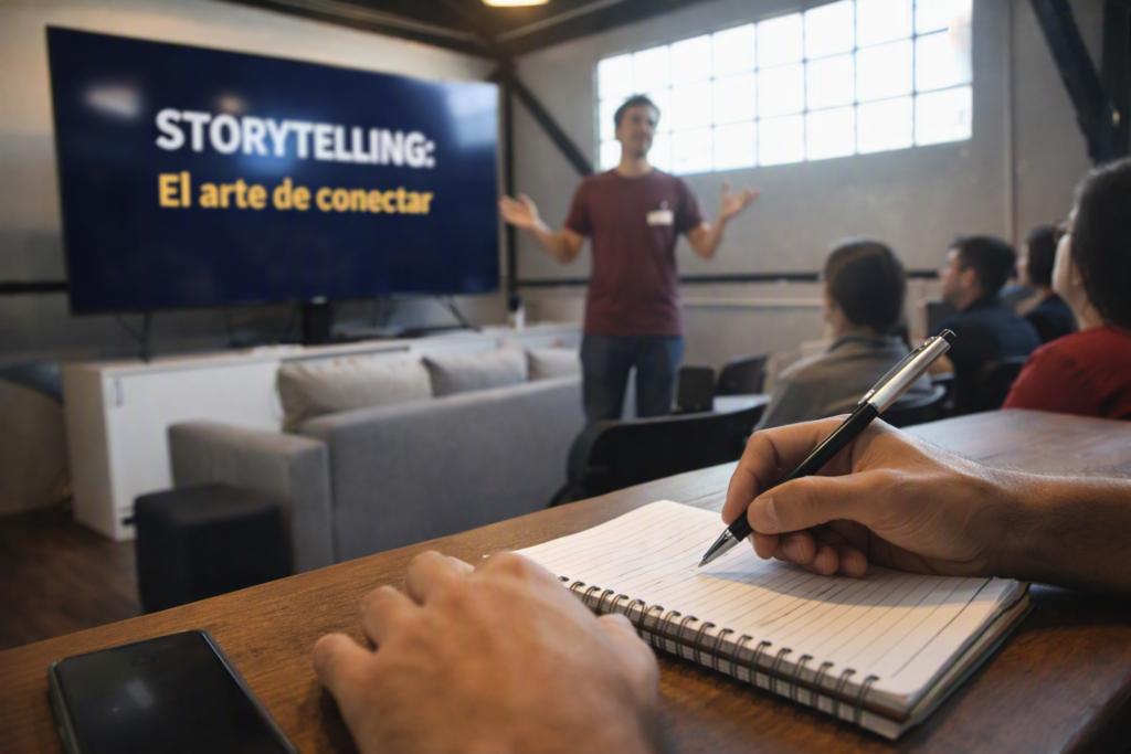 alt="Asistente tomando notas durante el taller gratuito de storytelling en Concordia"