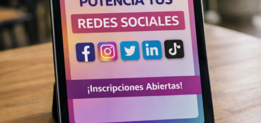 alt="Imagen de la Capacitación Gratuita en Community Manager en Concordia. Sobre una mesa del Coworking La Estación se ve una tablet con la convocatoria y un anotador"