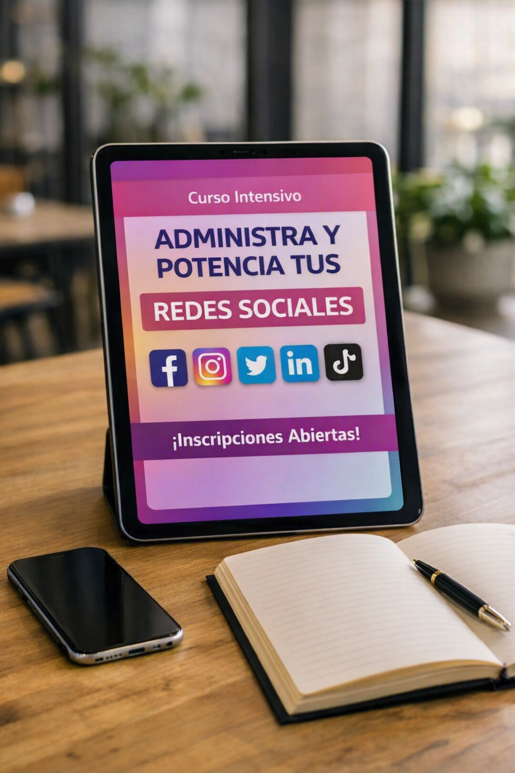 alt="Imagen de la Capacitación Gratuita en Community Manager en Concordia. Sobre una mesa del Coworking La Estación se ve una tablet con la convocatoria y un anotador"