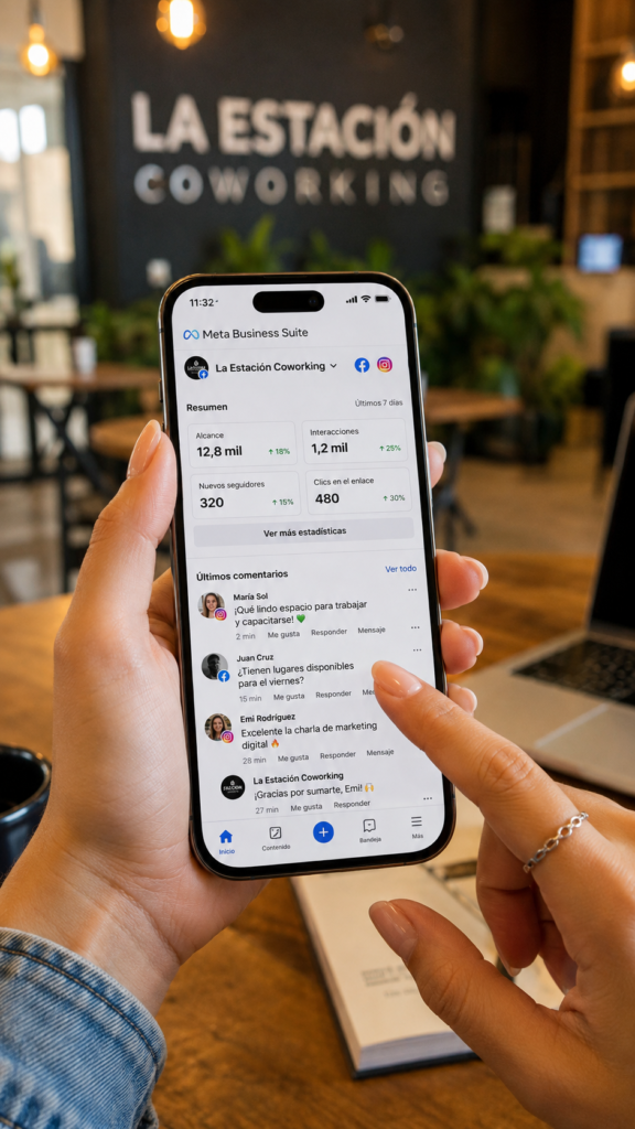 alt="Primer plano de manos gestionando redes sociales. Esta es la habilidad principal que se enseña en la Capacitación Gratuita en Community Manager"