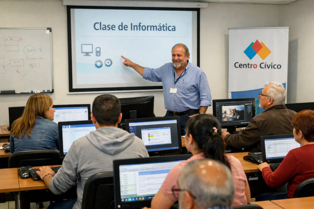 alt="Interior de un aula del Centro Cívico durante una clase de informática de las capacitaciones laborales gratuitas"