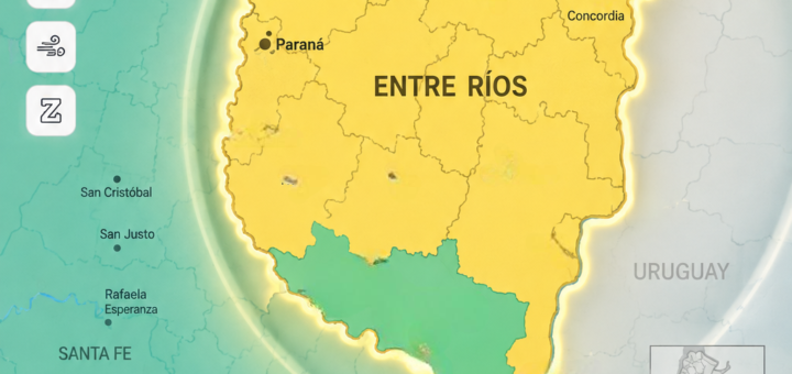 alt="Mapa de alerta amarilla por tormentas en Entre Ríos emitida por el SMN"