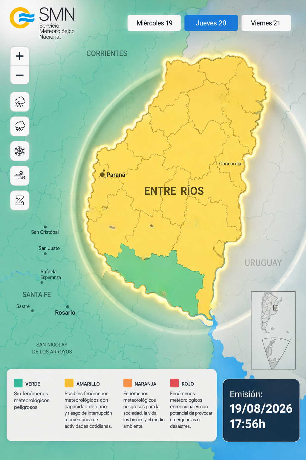 alt="Mapa de alerta amarilla por tormentas en Entre Ríos emitida por el SMN"