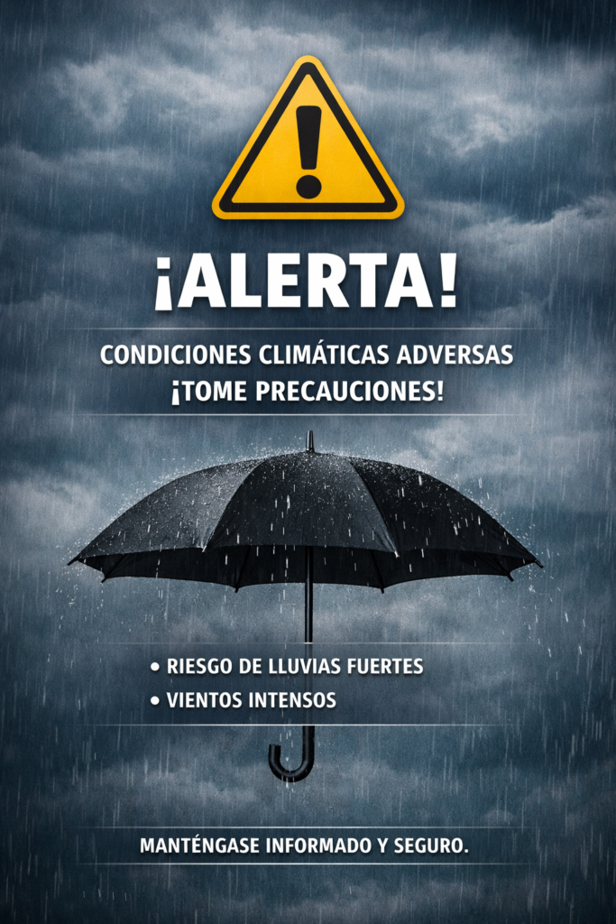 alt="infografía sobre la alerta amarilla en Entre Ríos advirtiendo sobre el riesgo de lluvias fuertes y vientos intensos"