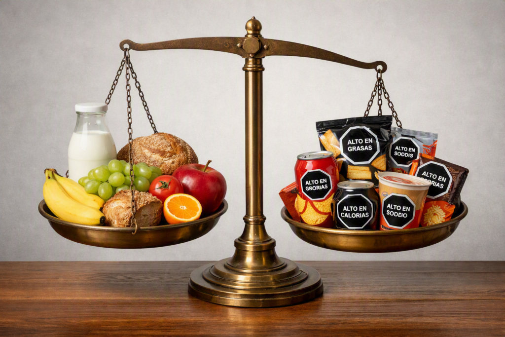 alt="Balanza que compara alimentos frescos y productos ultraprocesados, tema del fallo sobre los comedores escolares en Entre Ríos"