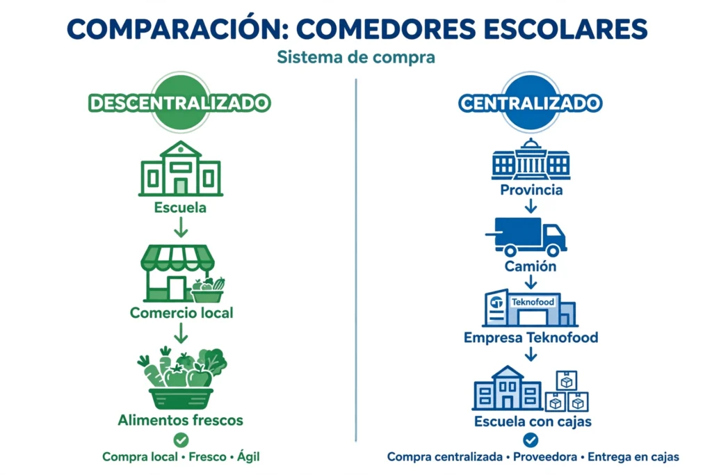 alt=" Infografía que compara el sistema descentralizado y centralizado de comedores escolares, contexto del fallo sobre los comedores escolares en Entre Ríos"