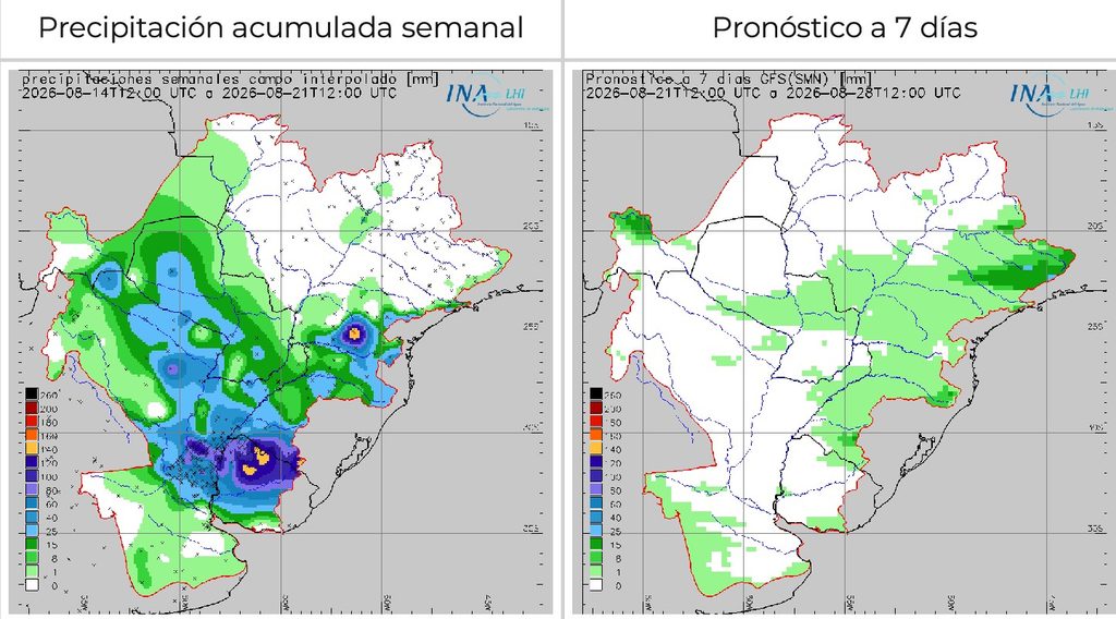 alt:"Mapa de la Cuenca del Plata con datos del diagnóstico científico de El Niño"