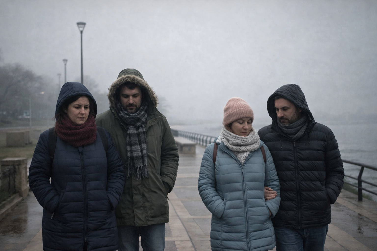 alt="imagen ilustrativa de la costanera de Concordia con gente muy abrigada durante la alerta amarilla por bajas temperaturas en Entre Ríos"