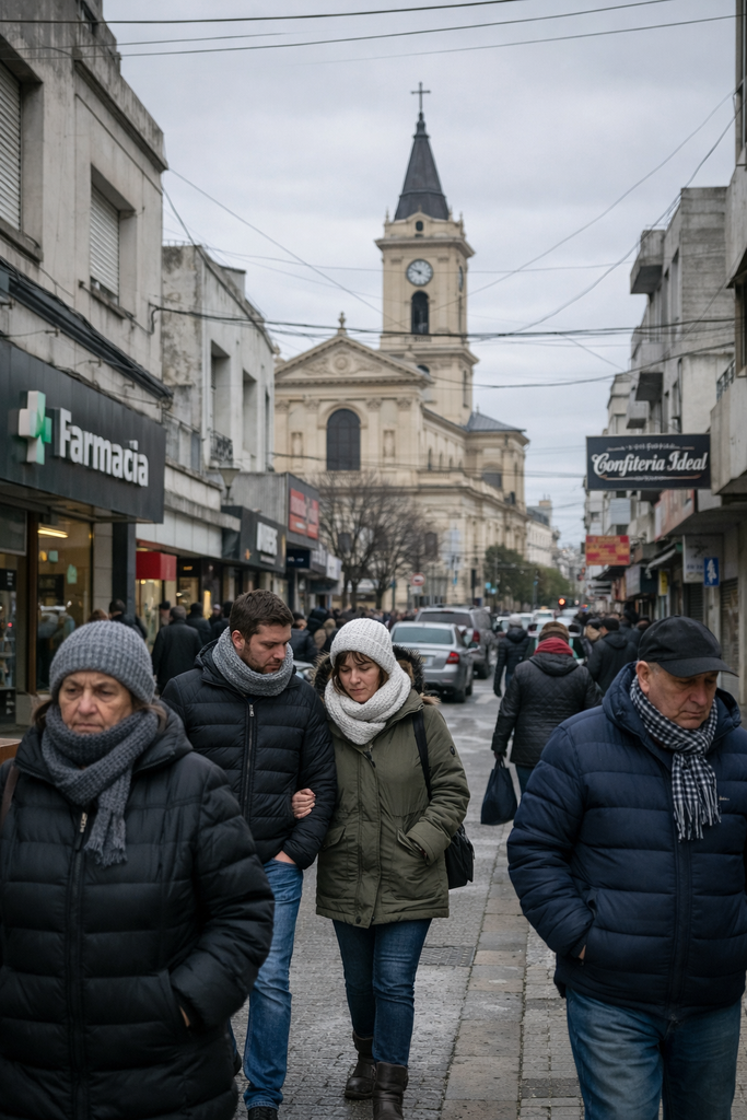alt="personas bien abrigadas caminando en una calle céntrica durante la alerta amarilla por bajas temperaturas en Entre Ríos"