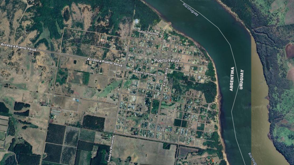 alt="Vista aérea de Puerto Yeruá, afectada por los cortes de luz en Concordia"