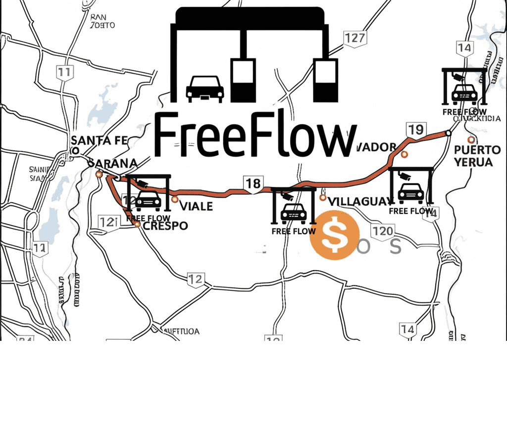 alt="Mapa de las estaciones de peaje Free Flow previstas por la concesión de las rutas 12 y 18 en Entre Ríos. Más la ya existente sobre la ruta 14, en Yeruá, perteneciente a otra concesión.