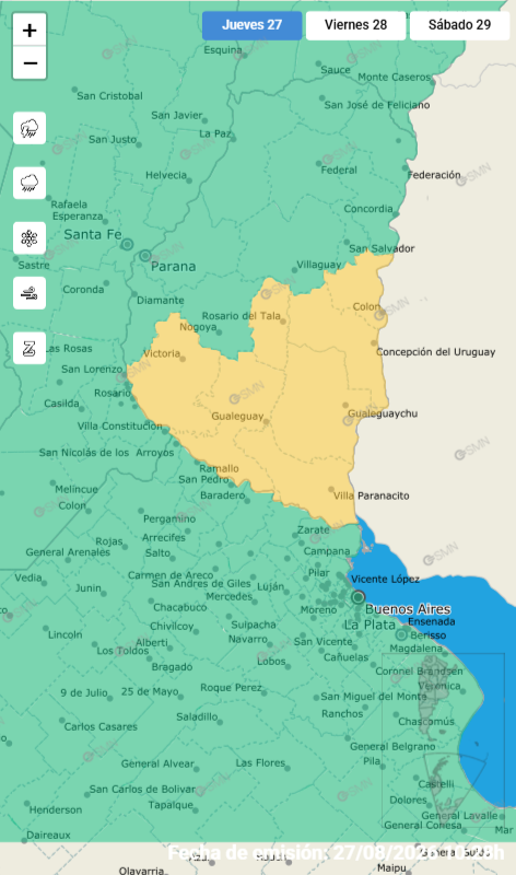 alt="Mapa oficial del SMN que muestra la alerta amarilla por tormentas para el jueves 27 en Entre Ríos"
