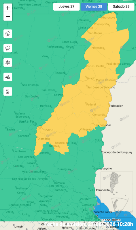 alt="Mapa oficial del SMN que muestra la alerta amarilla por tormentas para el viernes 28 en Entre Ríos"
