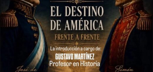 alt="Detalle del afiche promocional de "1822: El destino de América frente a frente" en Concordia, con énfasis en el encuentro de Guayaquil de 1822 entre los generales José de San Martín y Simón Bolívar"