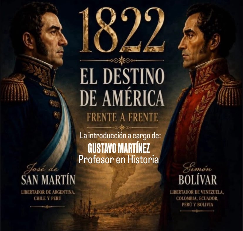 alt="Detalle del afiche promocional de "1822: El destino de América frente a frente" en Concordia, con énfasis en el encuentro de Guayaquil de 1822 entre los generales José de San Martín y Simón Bolívar"