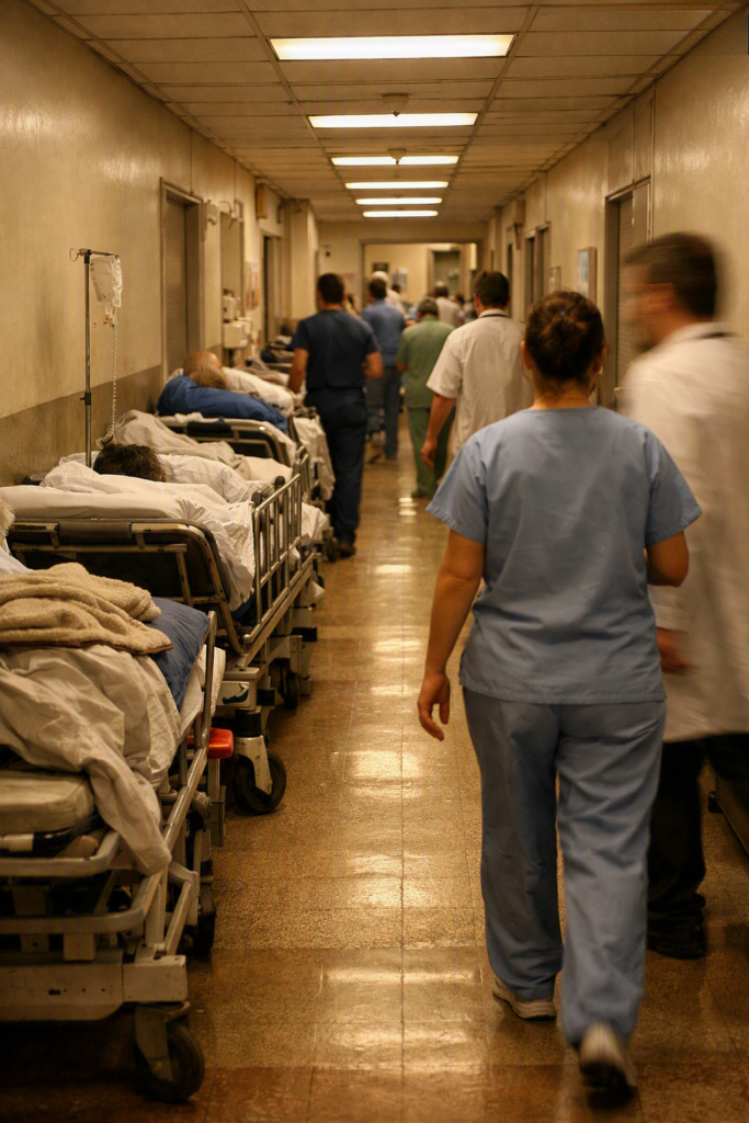 alt="convenio PAMI-Sanatorio Concordia — guardia de hospital público con alta demanda de pacientes"