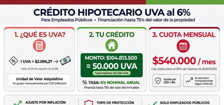 alt="Infografía que explica los anunciados créditos hipotecarios para empleados públicos de Entre Ríos al 6 por ciento con tope 50.000 UVA"