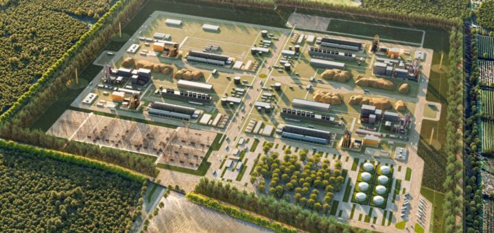 alt="Render aéreo de la planta de e-combustibles de HIF Global en Paysandú, vinculada a la denuncia que continúa en trámite judicial"