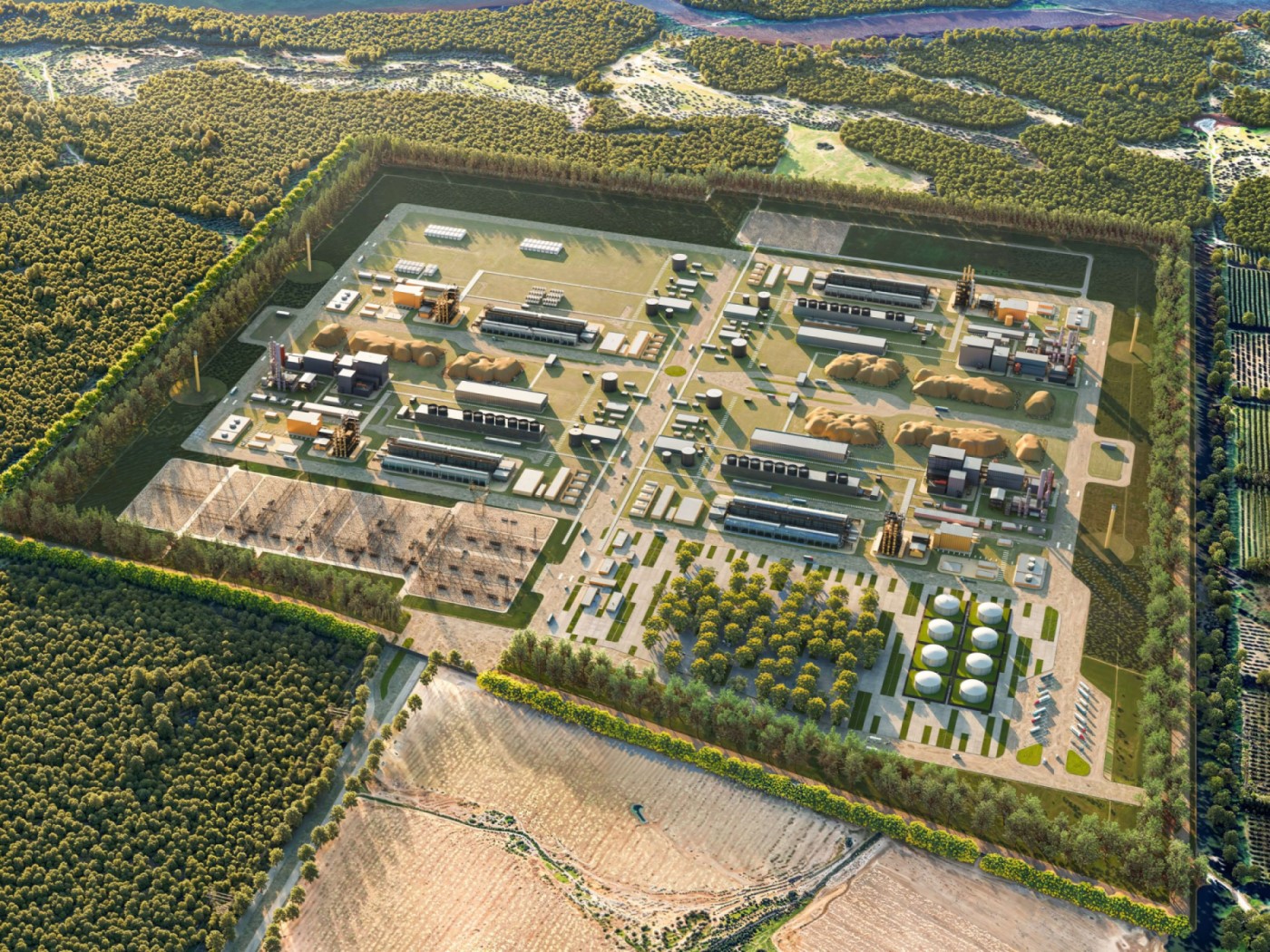 alt="Render aéreo de la planta de e-combustibles de HIF Global en Paysandú, vinculada a la denuncia que continúa en trámite judicial"
