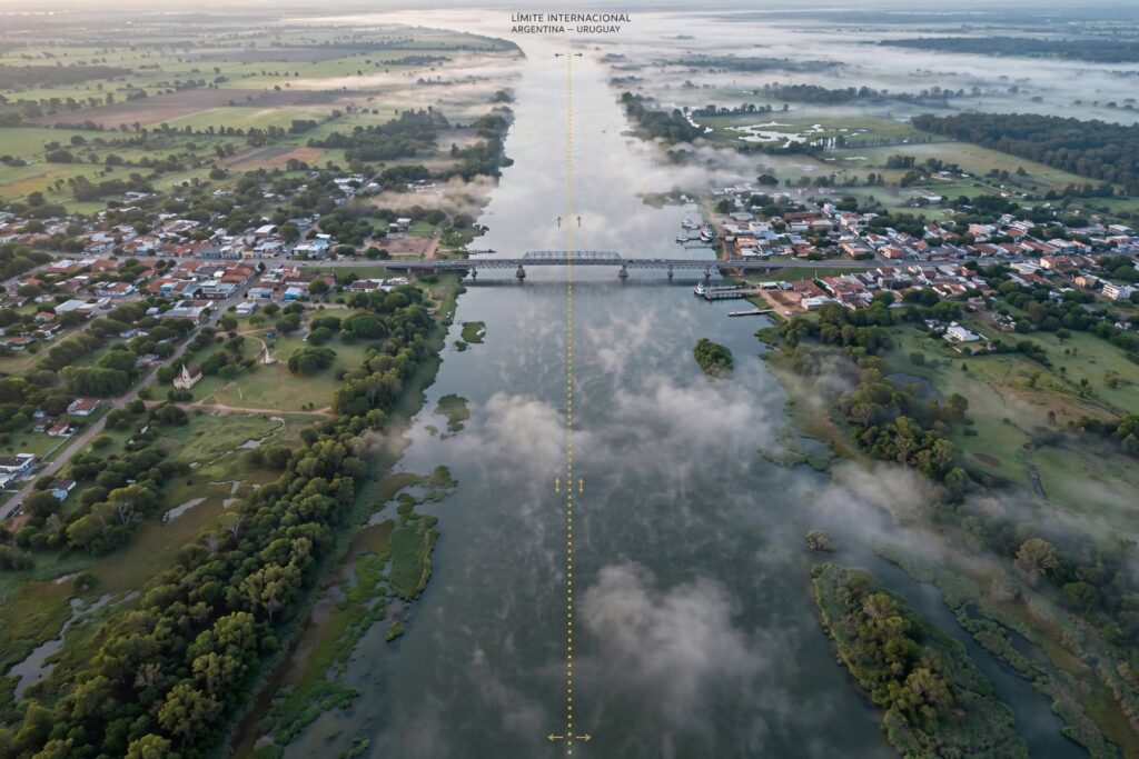 alt="Vista aérea del río Uruguay entre Colón y Paysandú en el marco de la denuncia contra HIF Global"