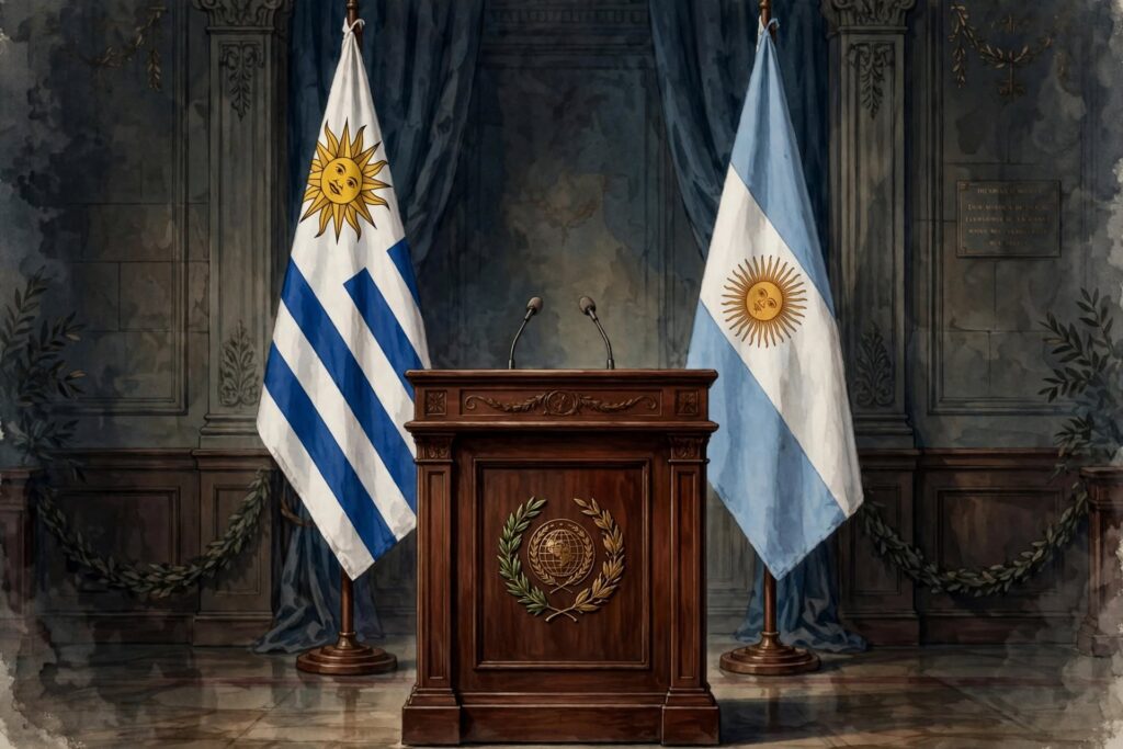 alt="Podio diplomático con banderas de Argentina y Uruguay alude a la denuncia contra HIF Global en Paysandú y el prestigio institucional"