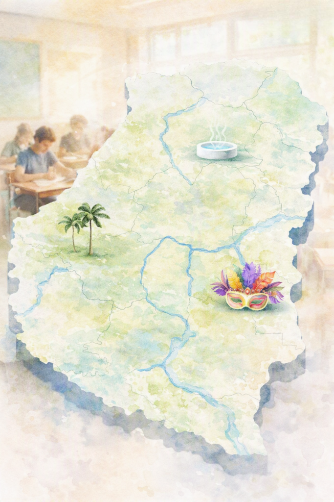alt="Mapa turístico de Entre Ríos y jóvenes en aula ilustrando preparación de Lara Schneider para Señorita Independencia Argentina 2026"