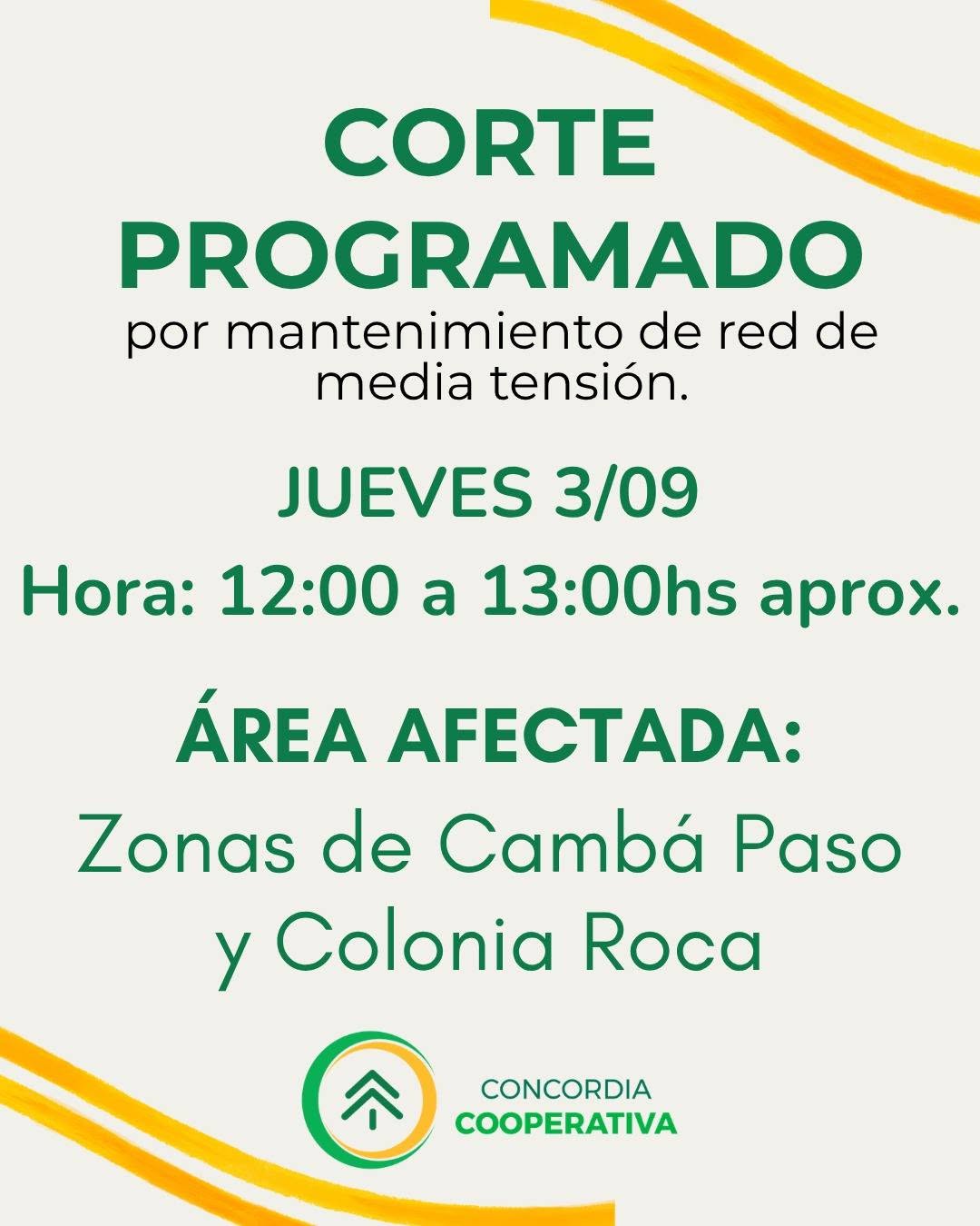 alt="Anuncio oficial de corte de luz programado en Concordia para hoy"