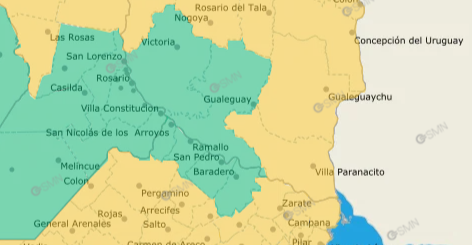alt="mapa del Servicio Meteorológico Nacional señalando en color amarillo a casi todo el territorio provincial por la alerta amarilla por frío extremo, no están alcanzados por la advertencia los departamentos de Victoria y Gualeguay que están coloreados de verde"