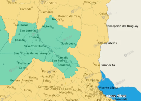 alt="mapa del Servicio Meteorológico Nacional señalando en color amarillo a casi todo el territorio provincial por la alerta amarilla por frío extremo, no están alcanzados por la advertencia los departamentos de Victoria y Gualeguay que están coloreados de verde"