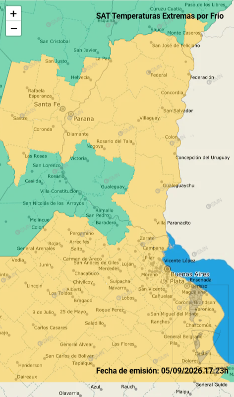 alt="mapa del Servicio Meteorológico Nacional señalando en color amarillo a casi todo el territorio provincial por la alerta amarilla por frío extremo, no están alcanzados por la advertencia los departamentos de Victoria y Gualeguay que están coloreados de verde"