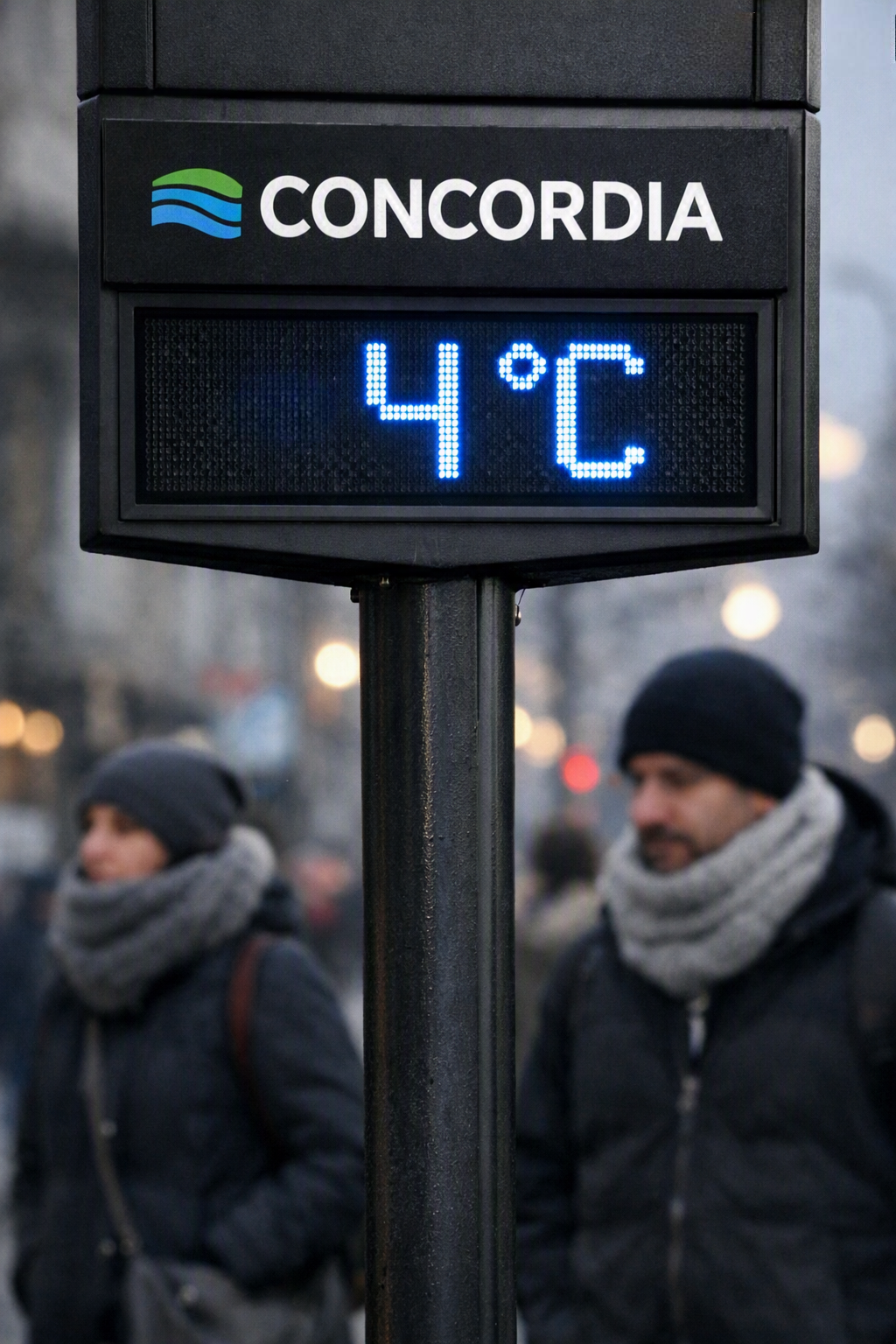alt="imagen ilustrativa de un termómetro electrónico marcando una temperatura de cuatro grados centígrados en Concordia, con gente abrigada caminando por la calle"
