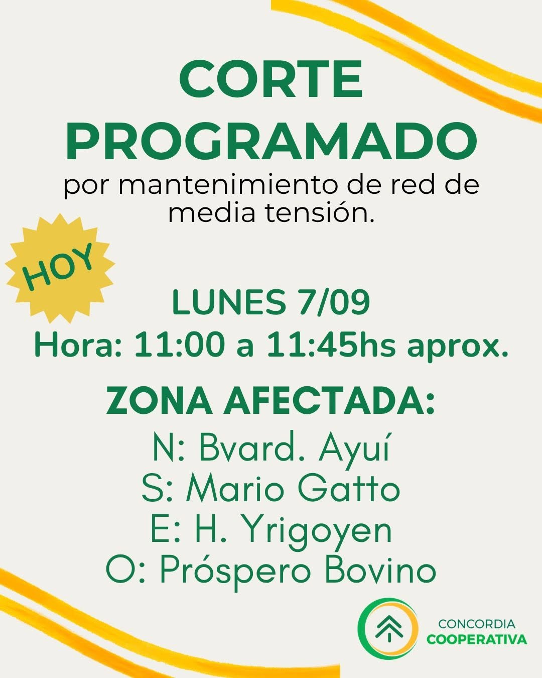 alt="Anuncio oficial de corte de luz en Concordia para hoy lunes 7/09"