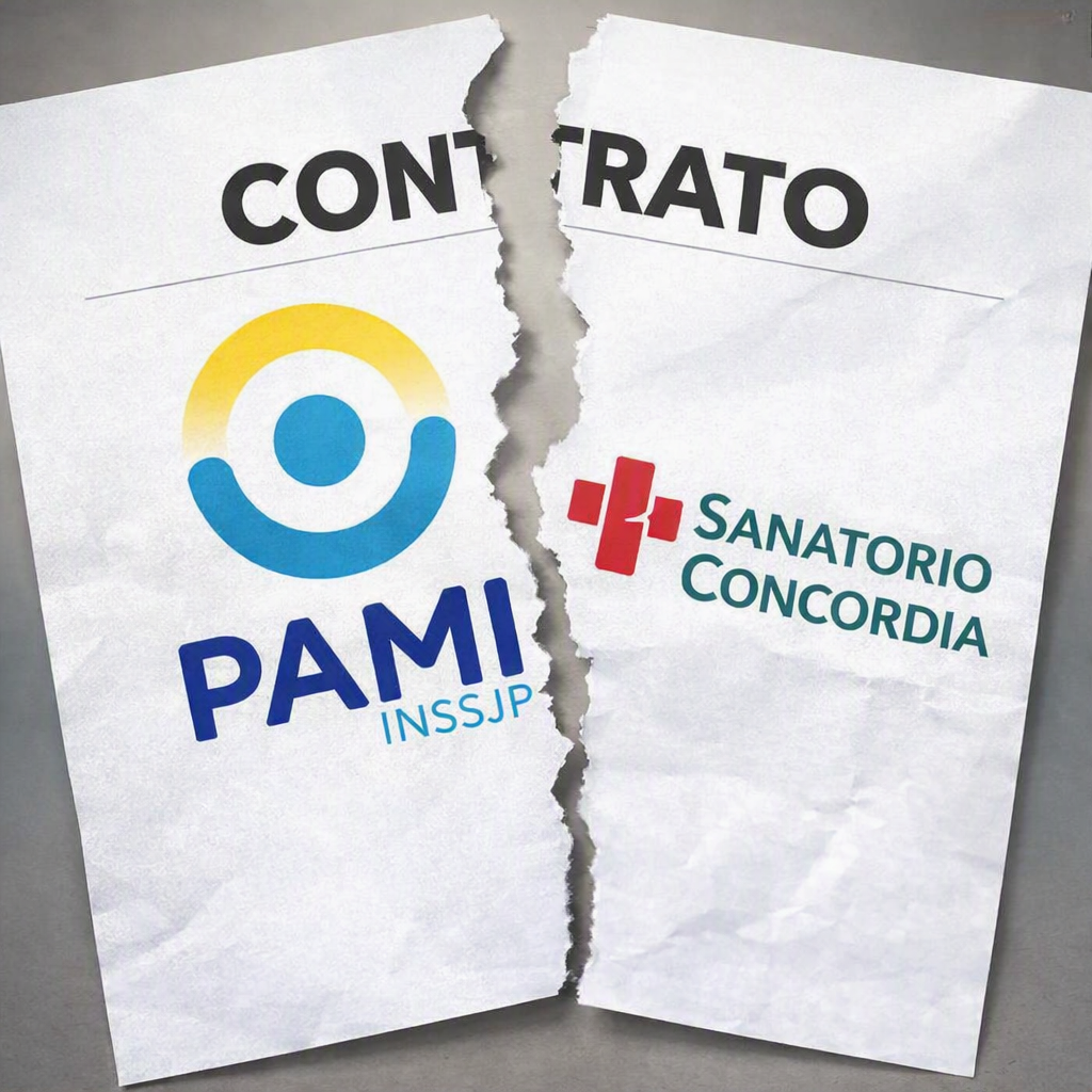 alt="Representación gráfica del Conflicto PAMI- Sanatorio Concordia por el fin del convenio por medio de un contrato roto con los logos de PAMI y Sanatorio Concordia superpuestos"