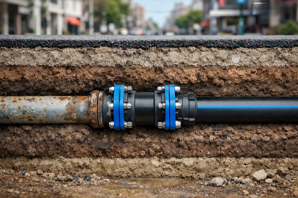 alt="Detalle técnico del empalme de cañerías que provoca la reducción programada del servicio de agua potable en Concordia"