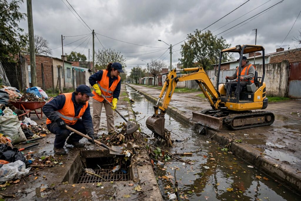 alt="Maquinaria limpiando canal urbano para el plan de prevención de El Niño en Entre Ríos"