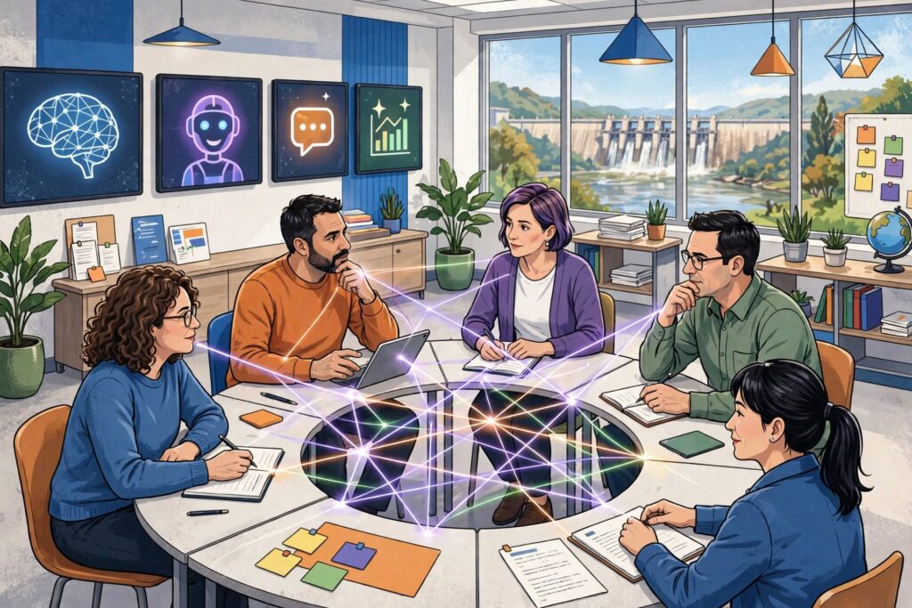 alt="Ilustración de docentes en ronda debatiendo sobre inteligencia artificial en el III Congreso Pedagógico Concordia 2026"