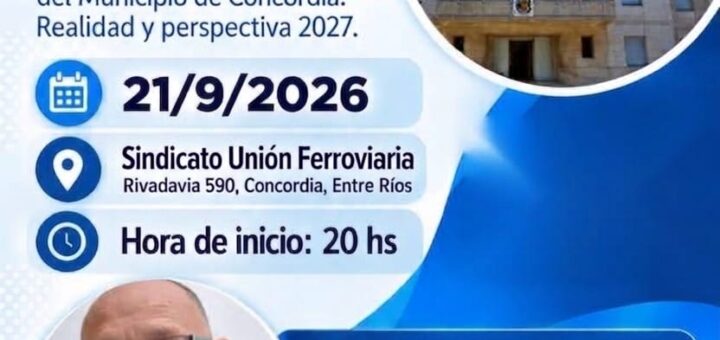 alt="Flyer de la charla sobre la situación económica del Municipio de Concordia con Guillermo Benedetto en el Sindicato Ferroviario"