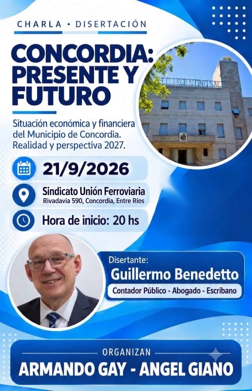 alt="Flyer de la charla sobre la situación económica del Municipio de Concordia con Guillermo Benedetto en el Sindicato Ferroviario"