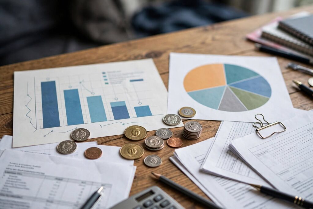 alt="Gráficos financieros y monedas sobre la situación económica del Municipio de Concordia"