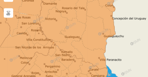 alt="Mapa con alerta naranja y amarilla en Entre Ríos por tormentas fuertes y vientos intensos"