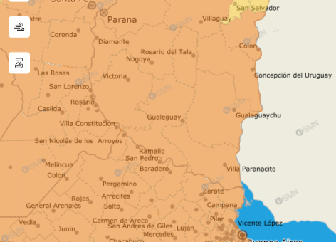 alt="Mapa con alerta naranja y amarilla en Entre Ríos por tormentas fuertes y vientos intensos"